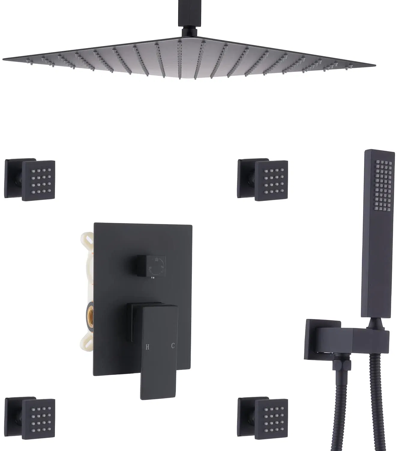 12 Inch Black Rainfall Shower Head Set with Hand Shower and Jet