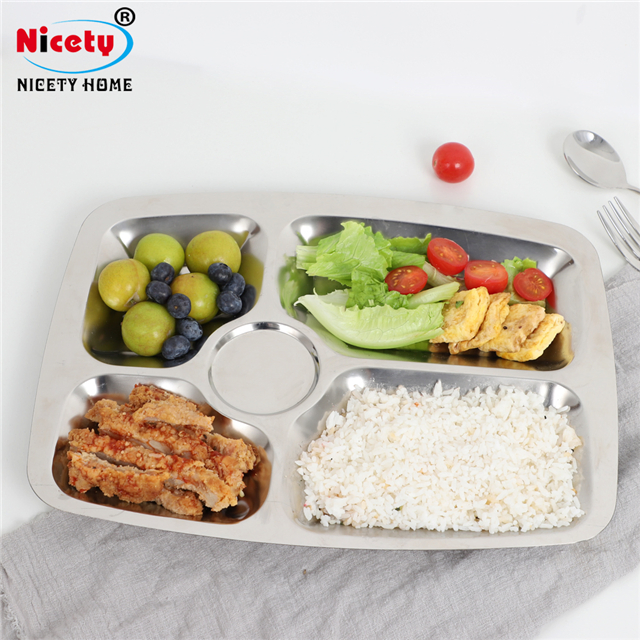 Tableware Divided Metal Food Lunch Tray Stainless Steel 5 Meal Compartments Dinner Plates