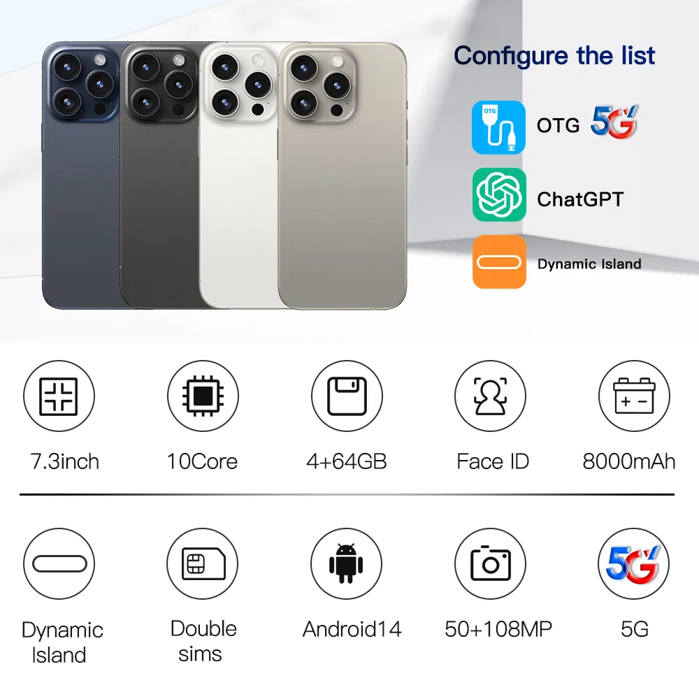 Wholeale Business 5g Phone 4+64 GB 8000mAh Dual SIM Android GSM I15PRO Max Smart Phone