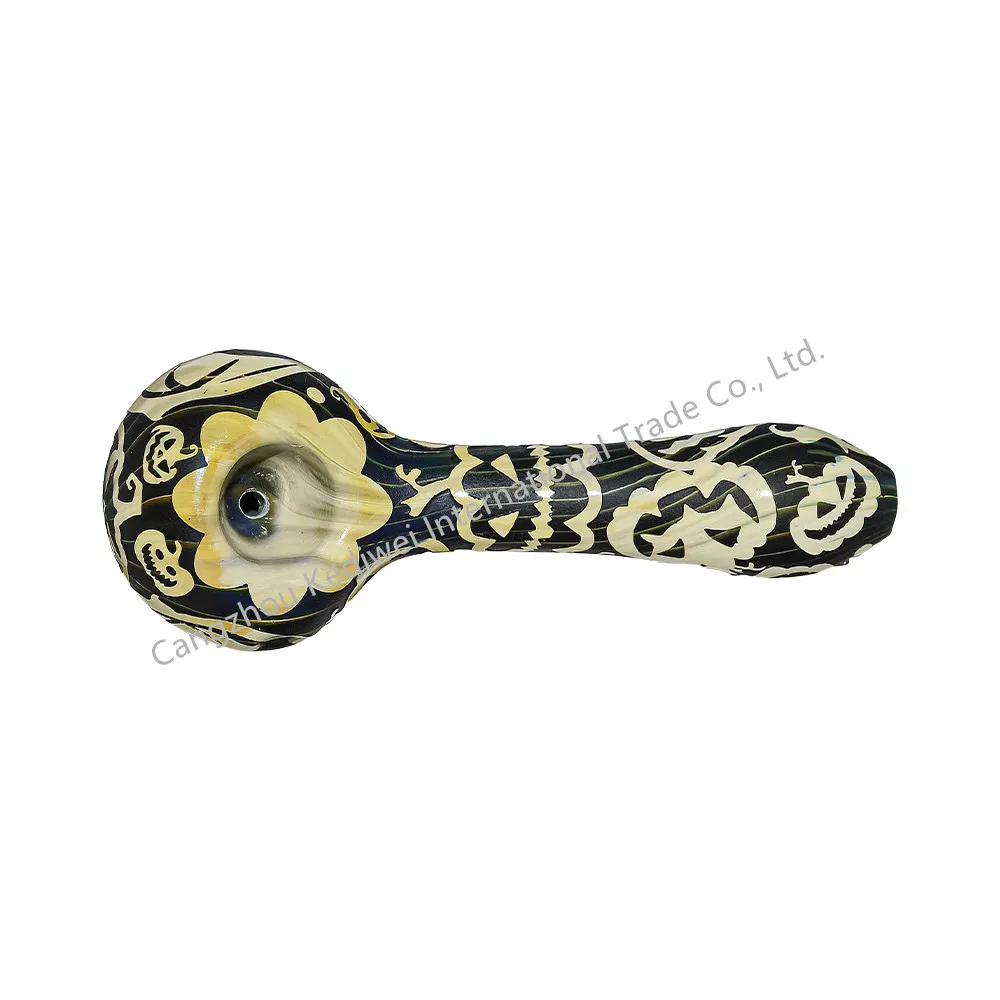 Halloween Glass Hand Pipe Smoking Pipe Deep Sandblasted Pumpkin Graphic
