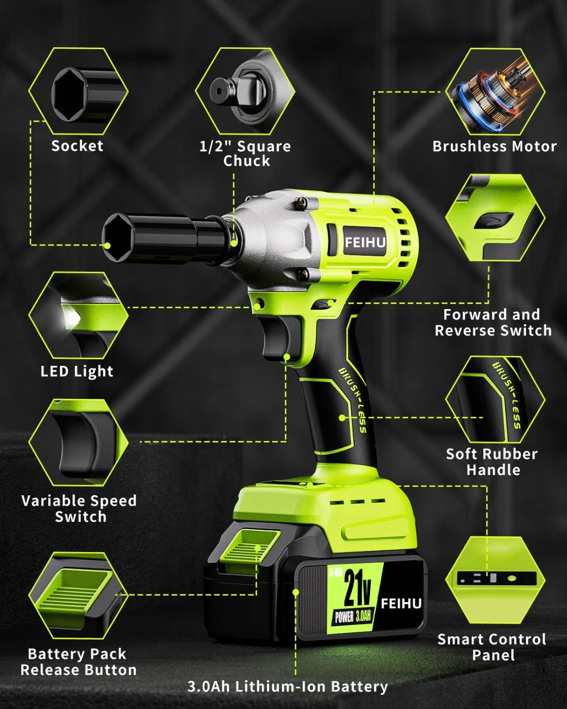 Аккумуляторный гайковерт Feihu FH-8521B, 21В