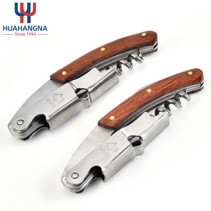 Multifunctional Champagne Stainless Steel Engraved Knife Custom Wooden Red Corkscrew Wine Opener