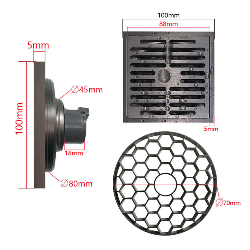 Modern Gray Bathroom Shower Floor Drain: 4 Inch Square Deodorant, 304 Stainless Steel, Electroplated Surface Treatment