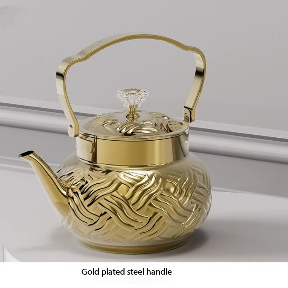 Stainless Steel Tea Kettle, Gold - Plated Pattern Teapot with Crystal Knob,