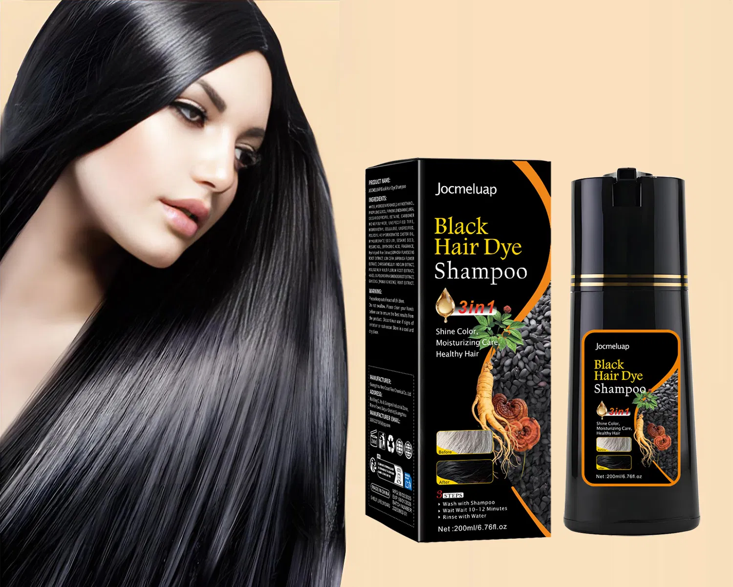 Wholesale Manufacture 200ml Best Herbal 3 in 1 Ginseng Hair Color Shampoo Black Hair Dye Coverage Gray Hair for Home Use