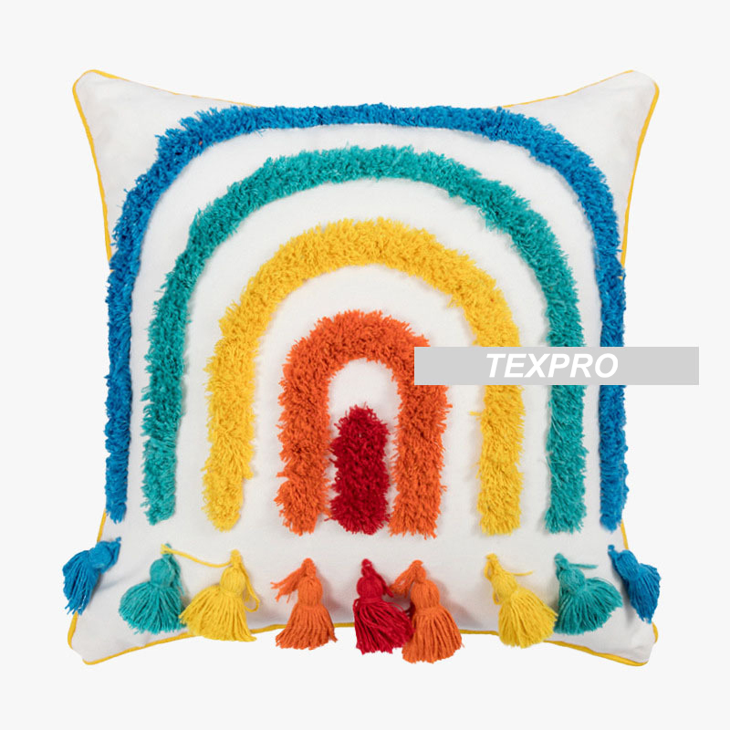 Rainbow Tufted Throw Pillow Cover, Woven Colorful Tufting Neutral Pillow Cases Modern Cushion Covers