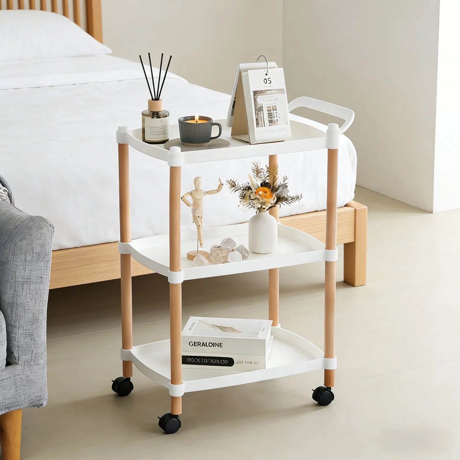 OEM Wood Display Shelf Rolling Utility Cart Rack with Wheels Factory Price