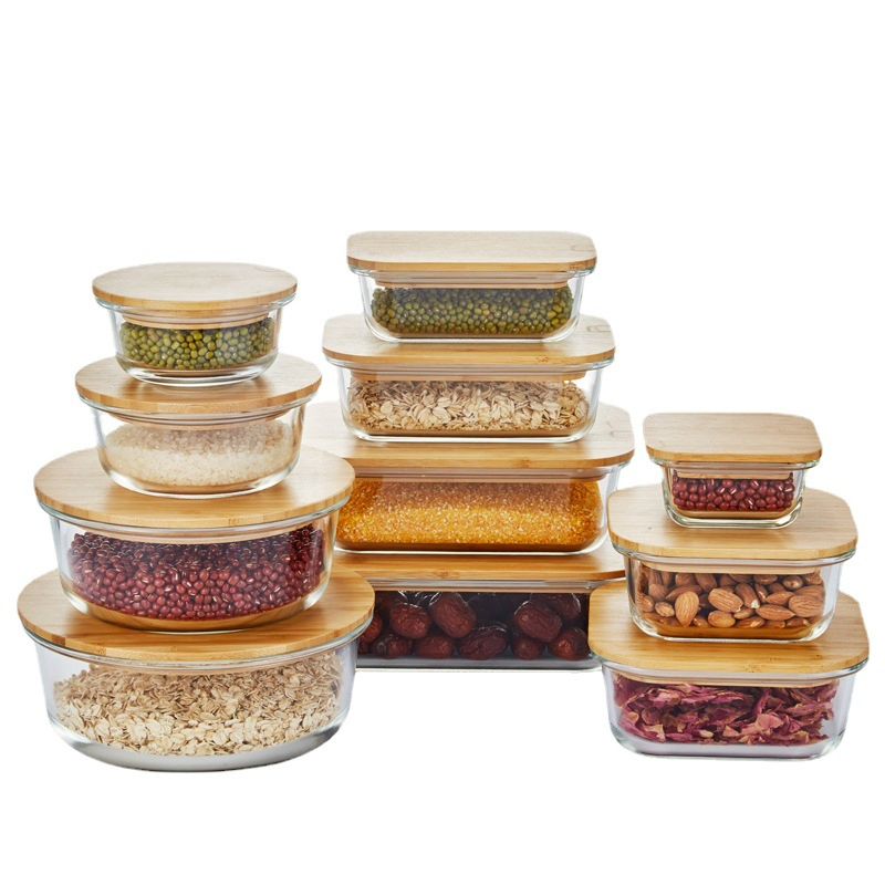 Wholesale Borosilicate Glass Food Container with Bamboo Wooden Lid
