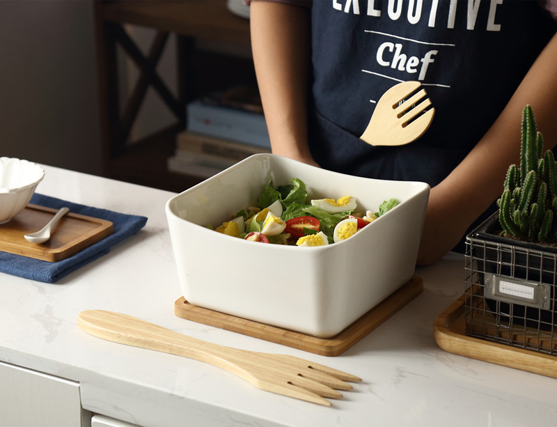 Elegant Square Large Ceramic Bowl Salad Bowl with Tray & Spoons