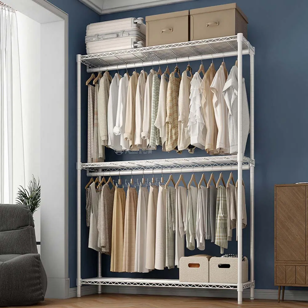 Minimalist Thickened Steel Double-Bar Coat Clothing Garment Rack with 3 Shelves for Home or Hotel Use