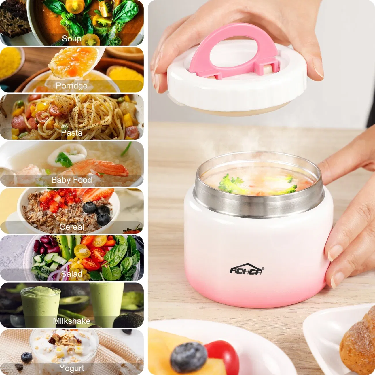 Aohea 350ml/250ml Food Grade Sleek Stainless Steel Insulated Food Jar for Thermal Dining