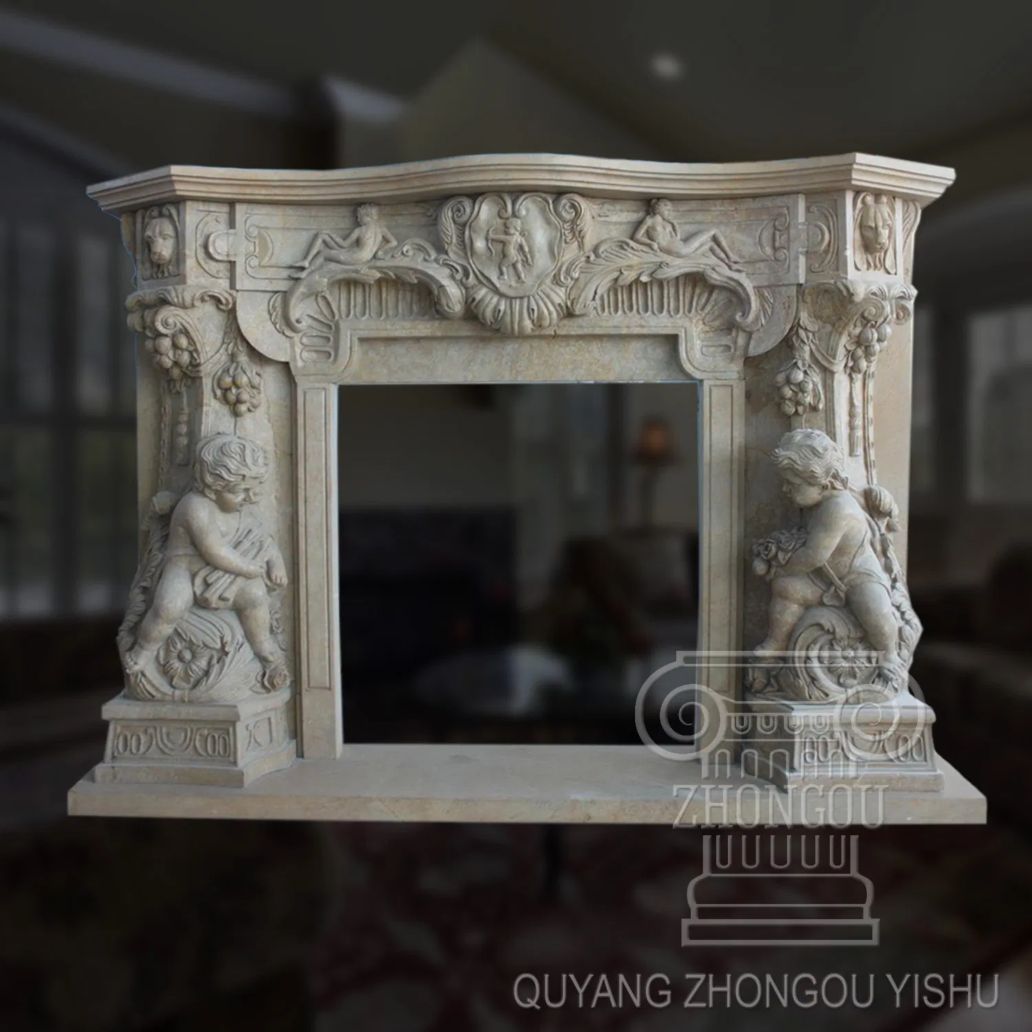 Great Figure Pattern Yellow Marble Fireplace Sculpture