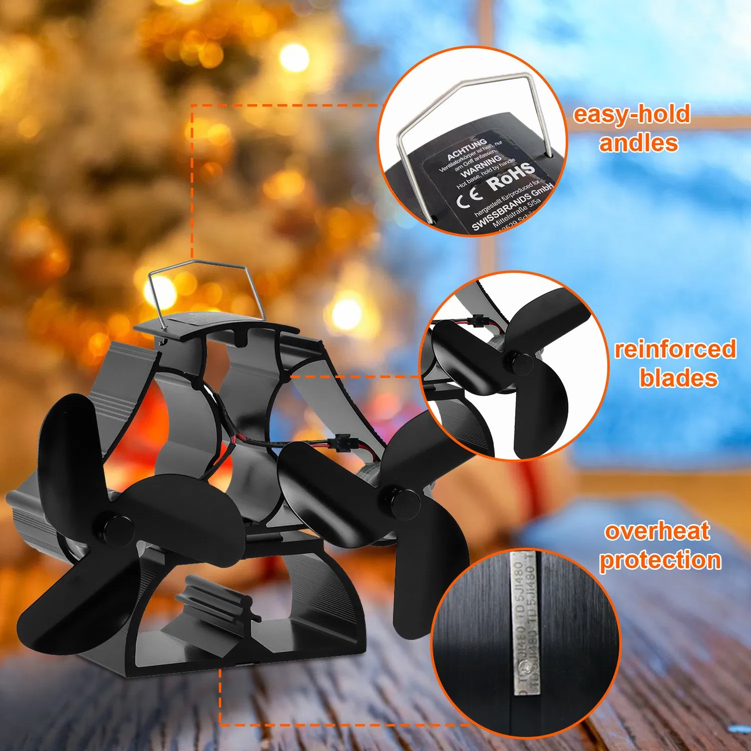 Dual Motor Thermal Heat Activated 8 Blade Double Log Burner Fireplace Stove Fan