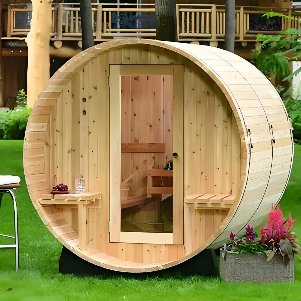 Luxurious Barrel Sauna with Wood Burning Stove for Home Enjoyment