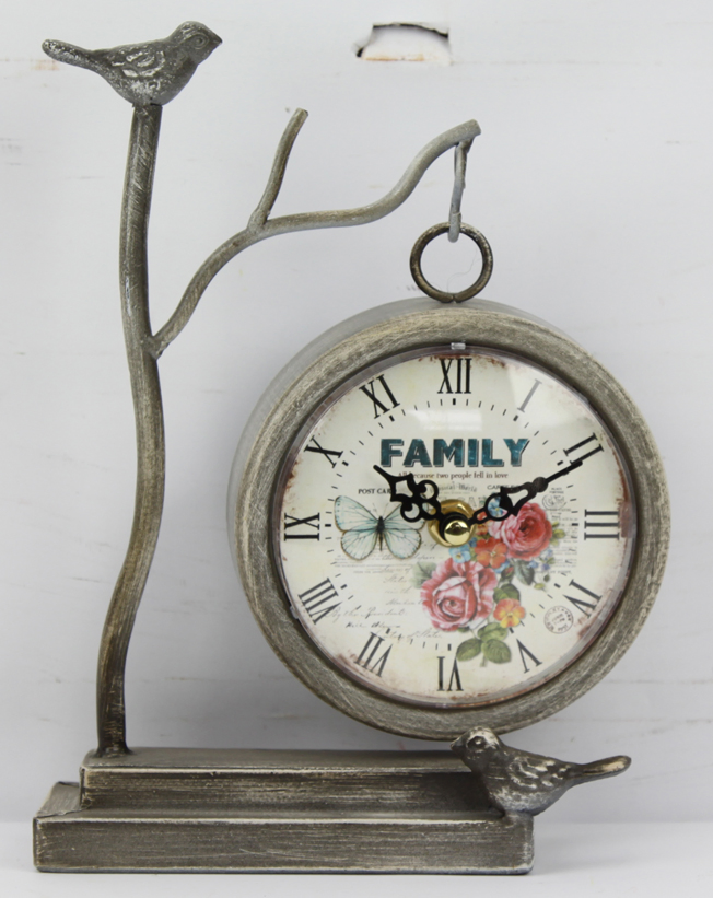 Vintage Grey Color with 2 Birds Decorative Garden Theme Iron Table Clock