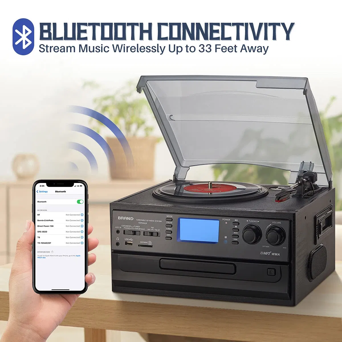 Плеер 10-в-1 с виниловым проигрывателем, CD, кассетами, USB