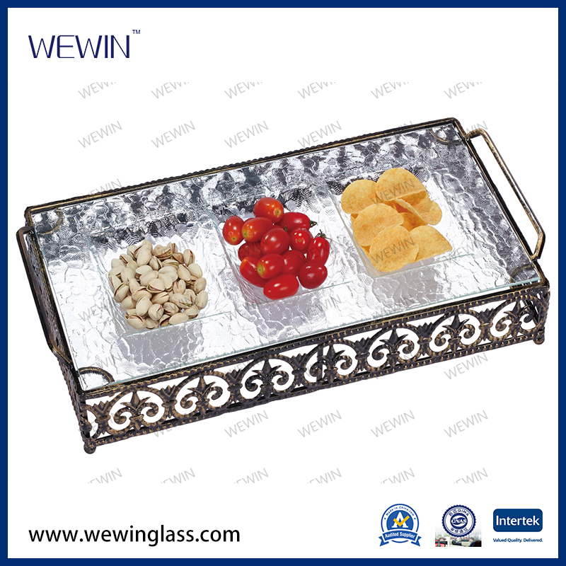 3part Glass Divided Serving Tray with Old Fashion Design Stand