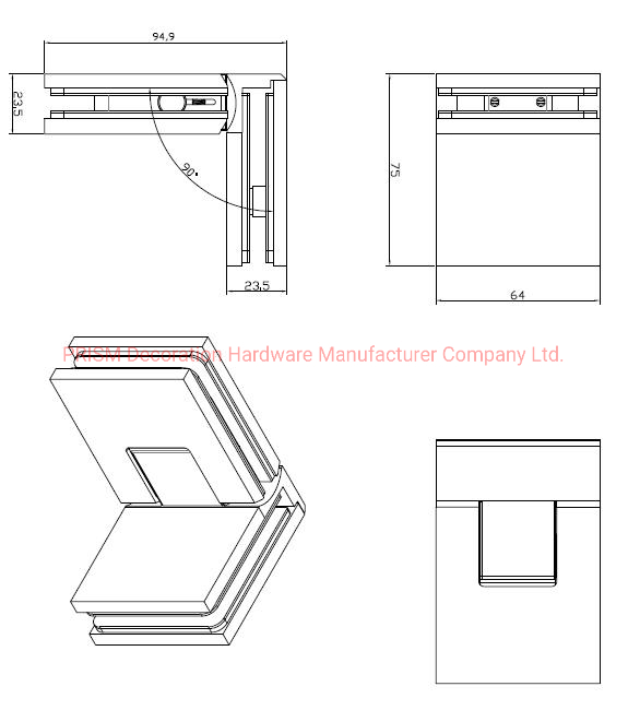 Brass Forged Bathroom Hinged Glass-to-Glass 90 Shower Room Fittings