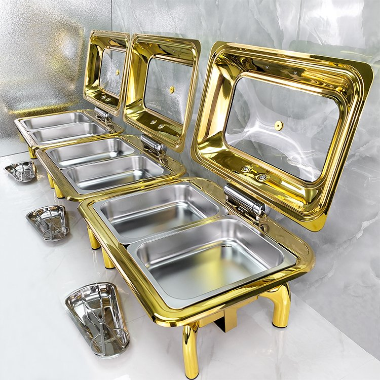 Arabic Hotel 9L Retangular Gold Buffet Stove Buffet Luxury Food Warmer Stainless Steel Chafing Dish for Catering