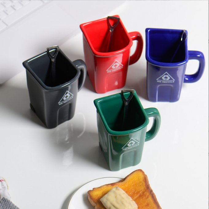 Square Garbage Can Ceramic Mug Green Recyclable Bucket Water Cup Creative Mug