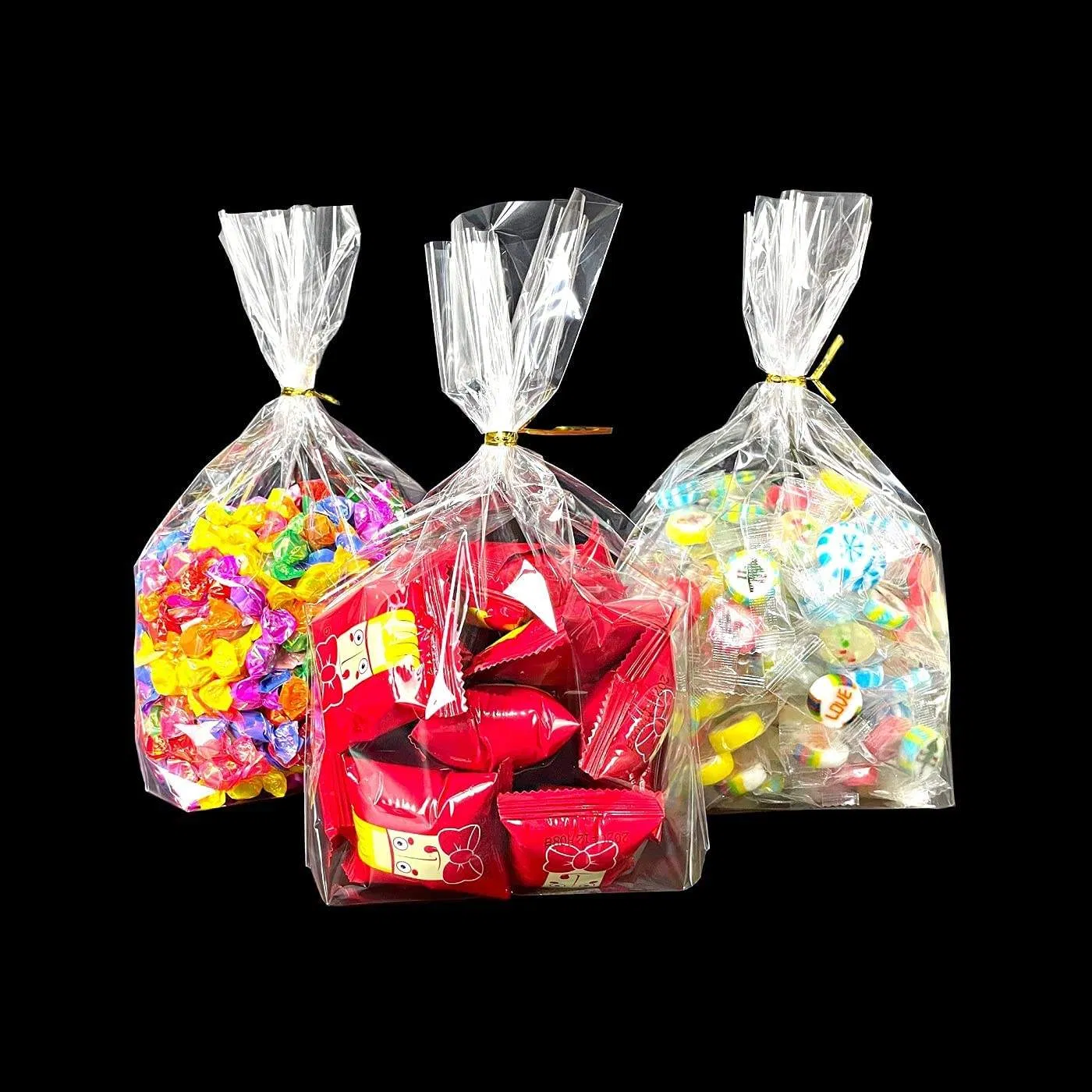 Customized Size BOPP Clear Plastic Cellophane Flat Bags for Bread Candy Cookie with Colored Twist Ties for Birthday Party Gift