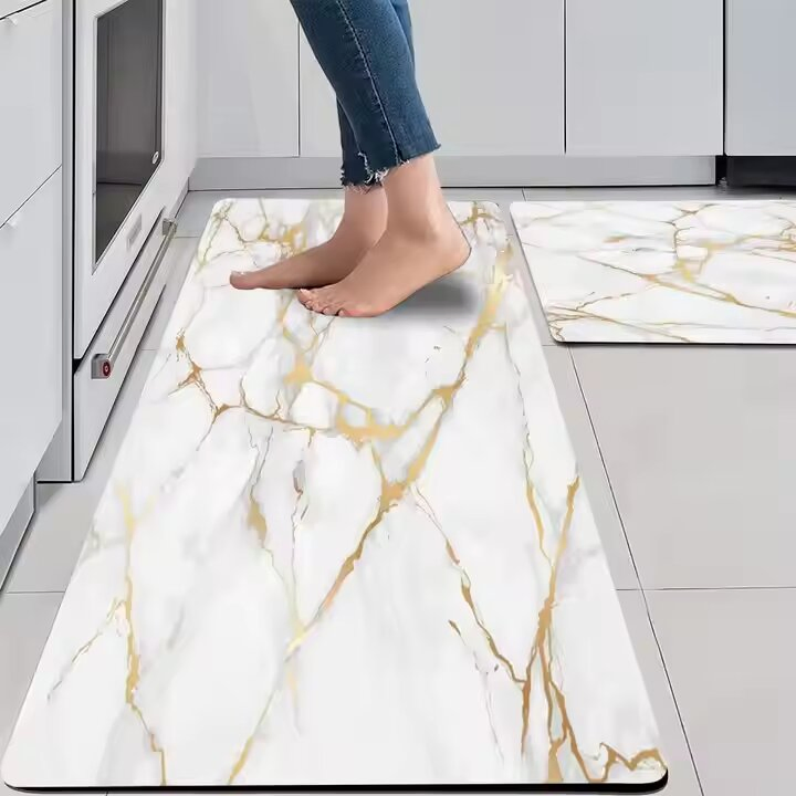 Kitchen Bathroom Anti Fatigue Floor Rugs Non Slip Gold White Printed Mat