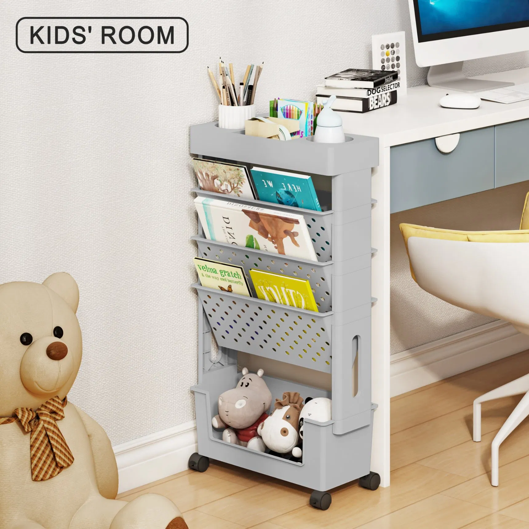 Передвижная пластиковая книжная полка на колесах для гостиной