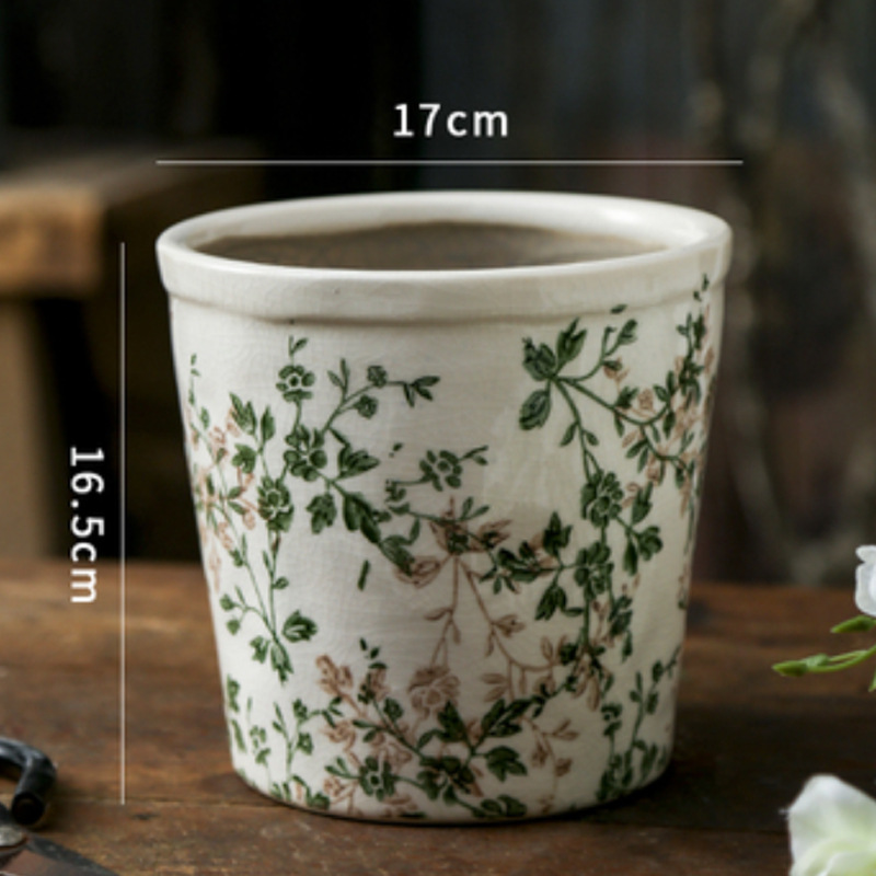 Горшки керамические винтажные цветочный узор зеленые