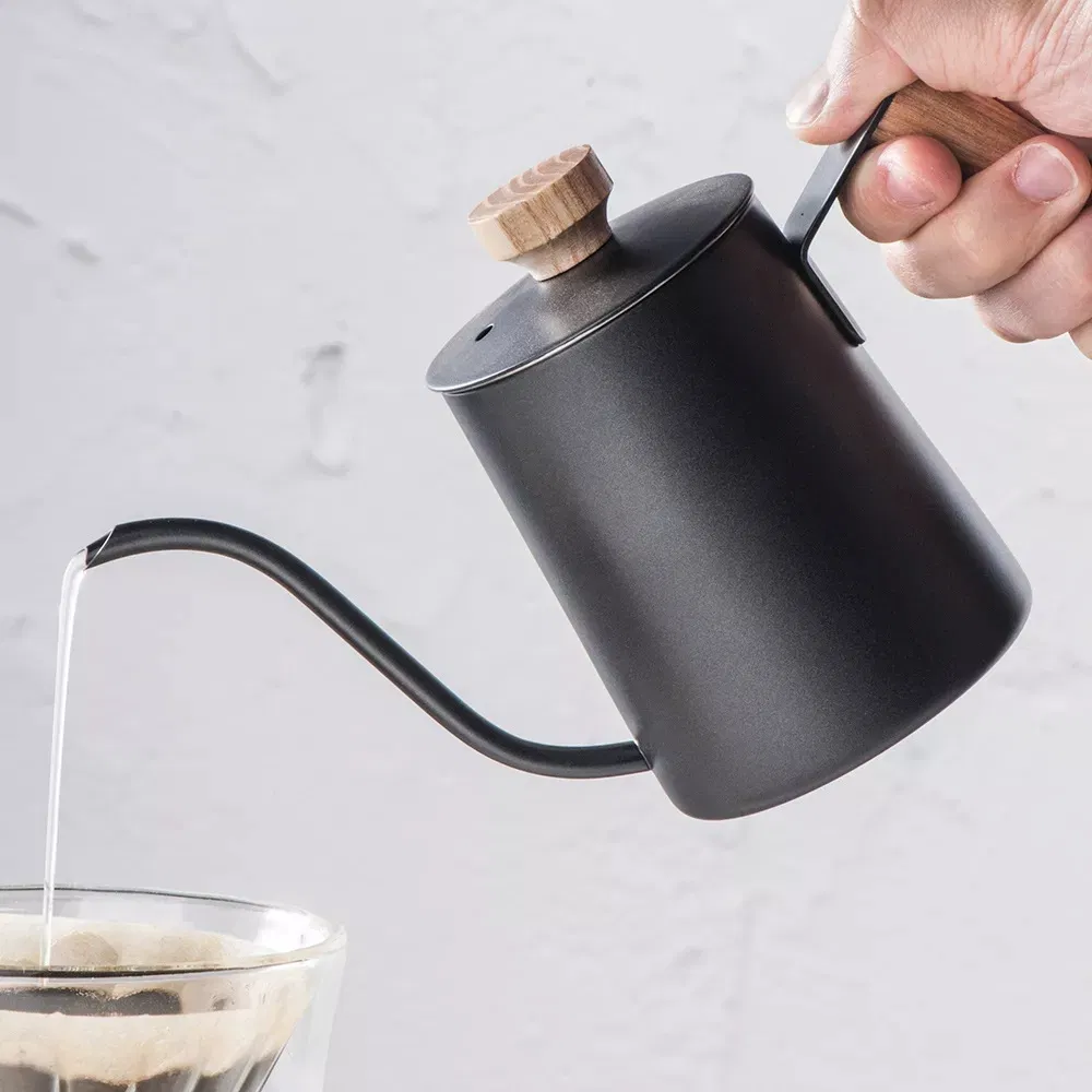 350ml Wholesale Wooden Handle 304 Stainless Tea Kettle Office Hand-Brewed Fine-Mouth Drip Coffee Pot with Long Spout