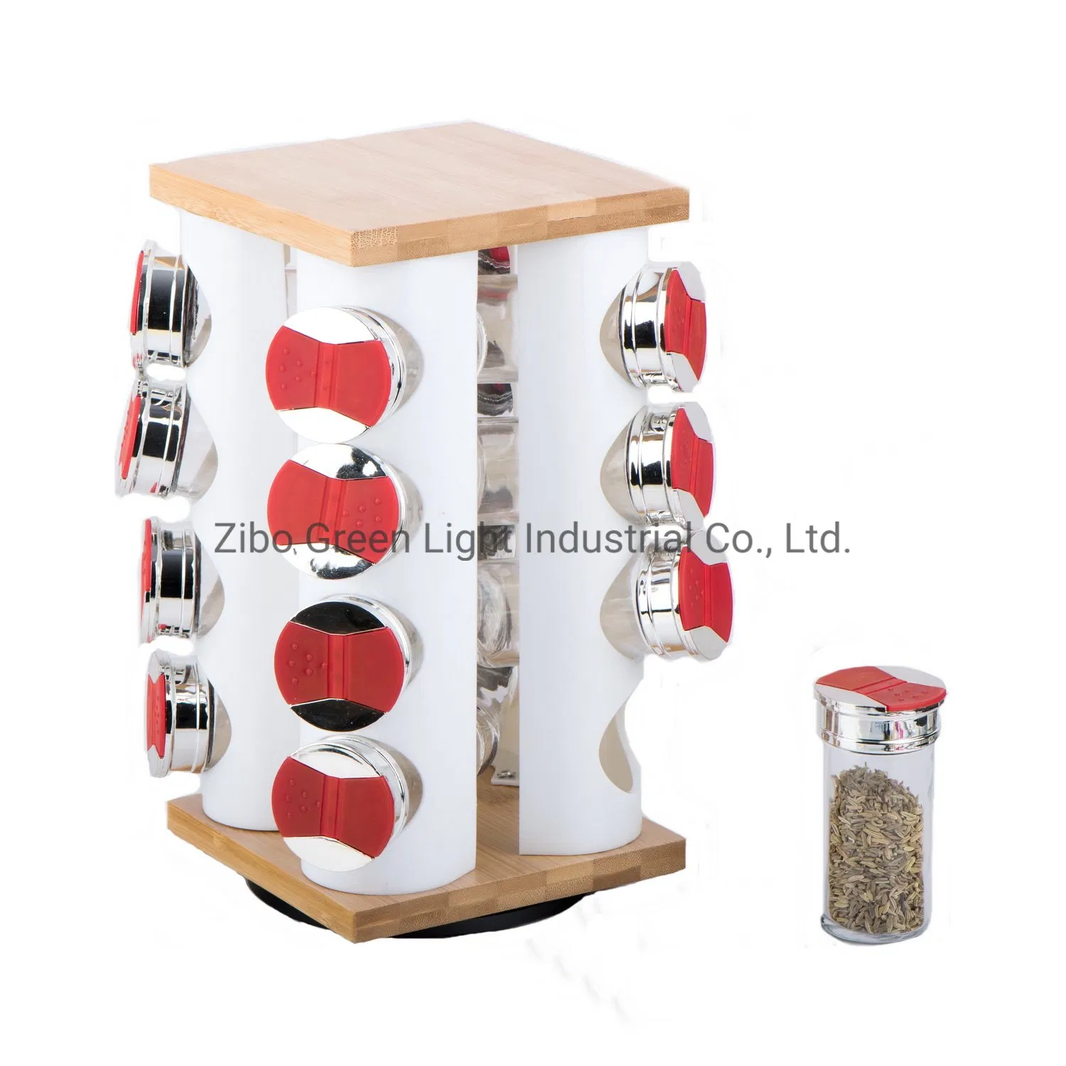 16PCS Glass Spice with Revolving Wooden Rack Spice Shaker