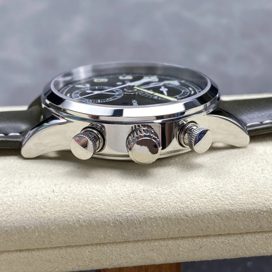 Classic Pilot Chronograph Watch, Stainless Steel Case, Vintage Luminous Markers, 3-Eye Chronograph Function, High-End Mechanical Watch