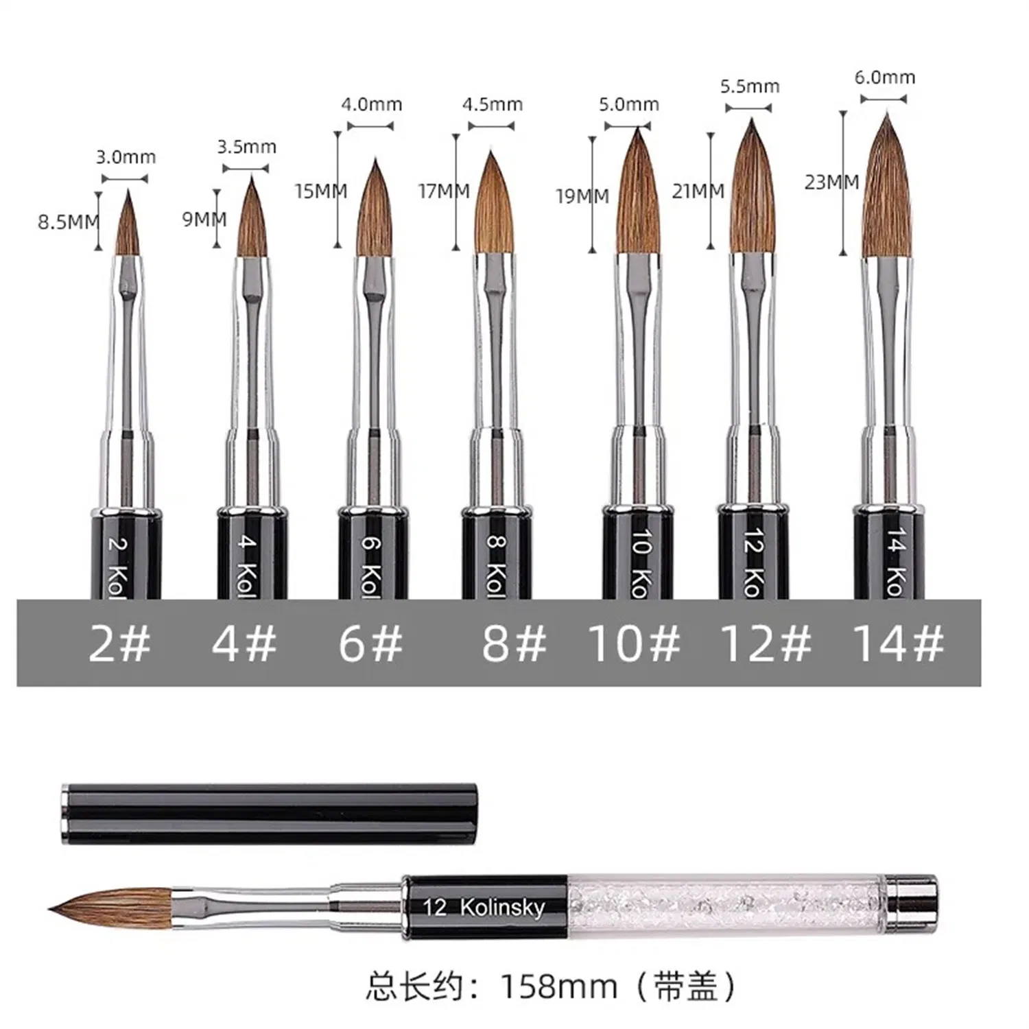 Factory Price Logo Customization 100% Kolinsky Nail Brush Rhinestone Handle Crystal Painting Nail Tools