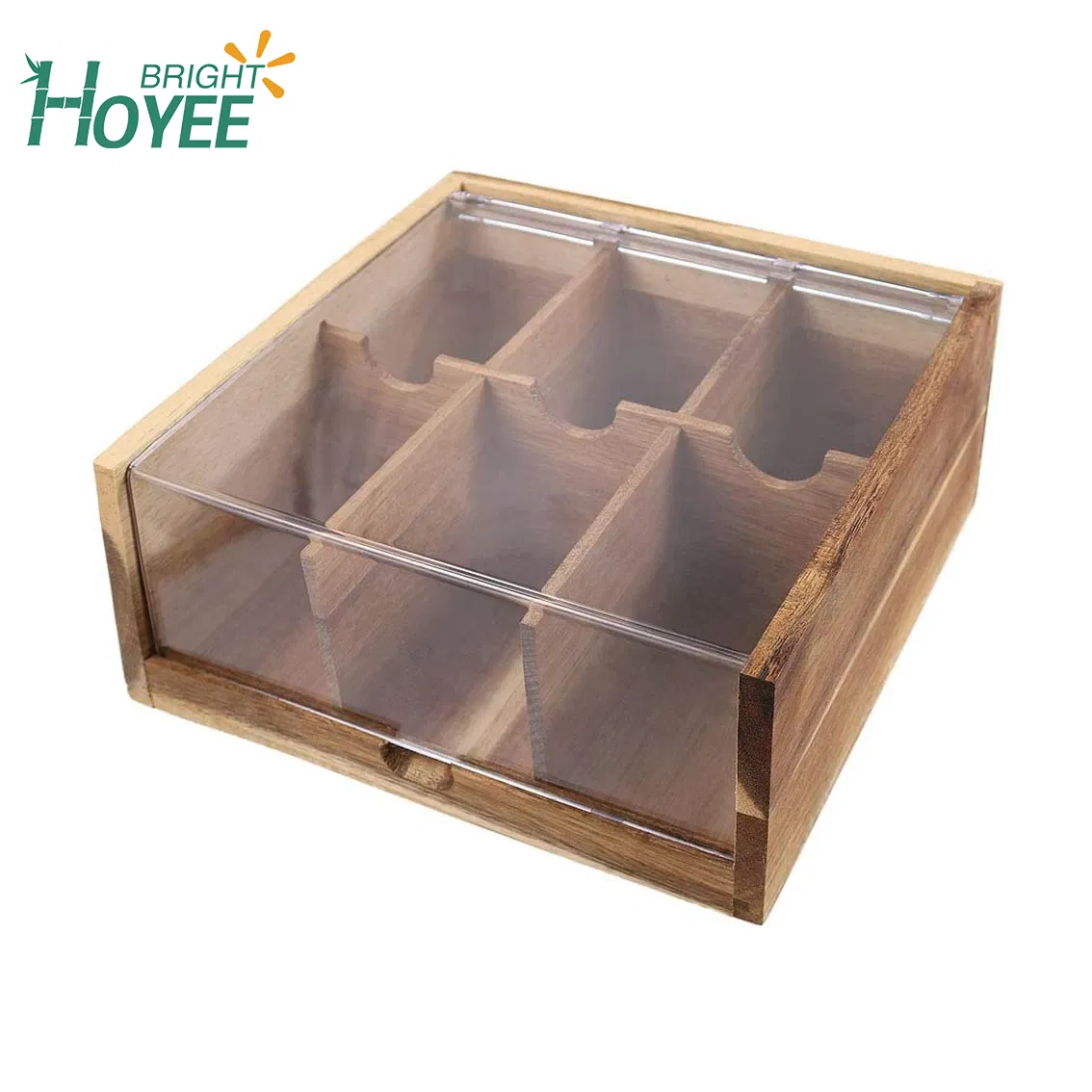 Acacia Wood Tea Bag Organizer Storage Box 6 Compartments Tea Chest Box with Acrylic Transparent Hinged Lid