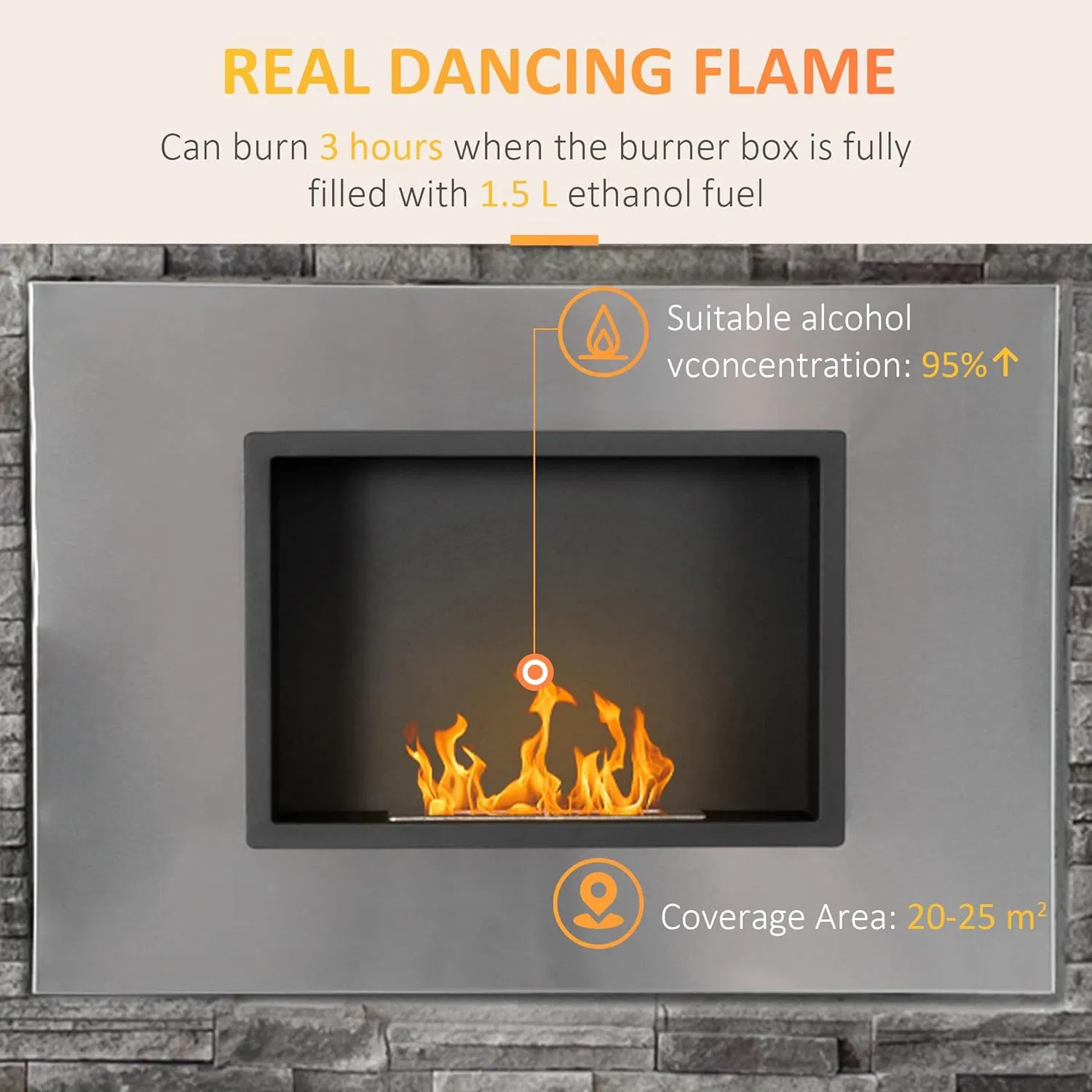 Bioethanol Fireplace Heater Wall Mounted Bio Ethanol Realistic Flame Effect Silver