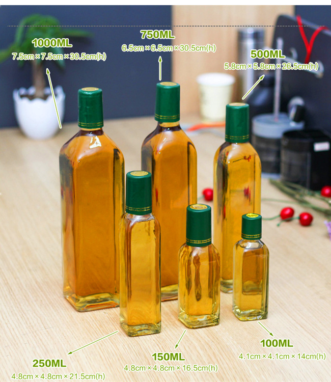250ml 500ml 750ml 1000ml Square and Round Clear Marasca Glass Bottle Olive Oil Bottle