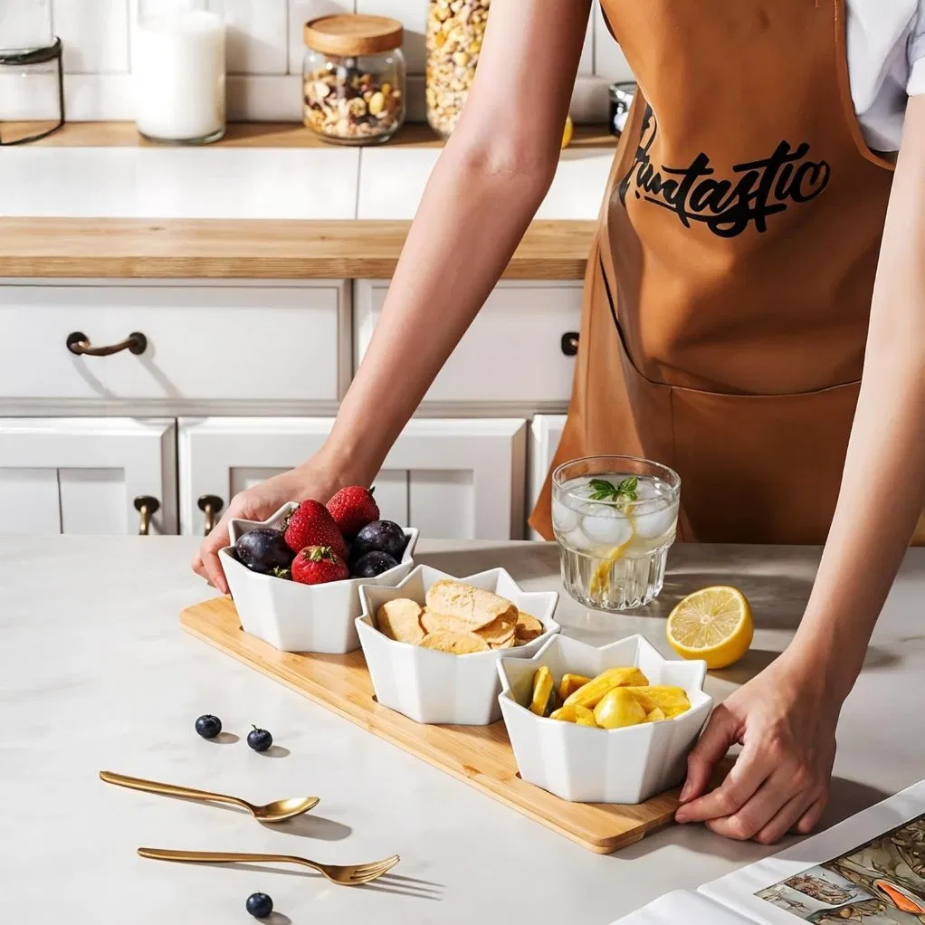3-Section Ceramic Serving Tray Set with Bamboo Board Appetizer, Snack, DIP & Starter Platter for Parties, Holidays, Weddings
