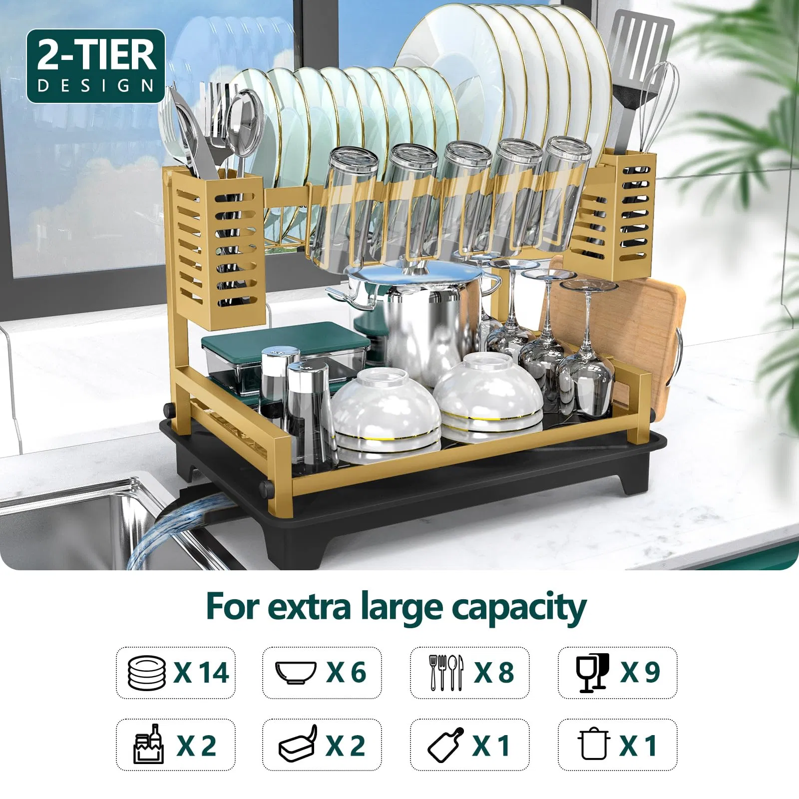 2-Tier Stainless-Steel Dish-Drying-Rack with Drainboard & Utensil-Holders, Space-Saving Sink-Counter Organizer