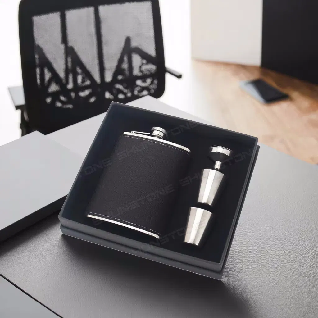 Shunstone 6oz PU Leather Black Mini Whiskey Flask Gift Set in Gift Box for Birthday Company Promotional Gifts