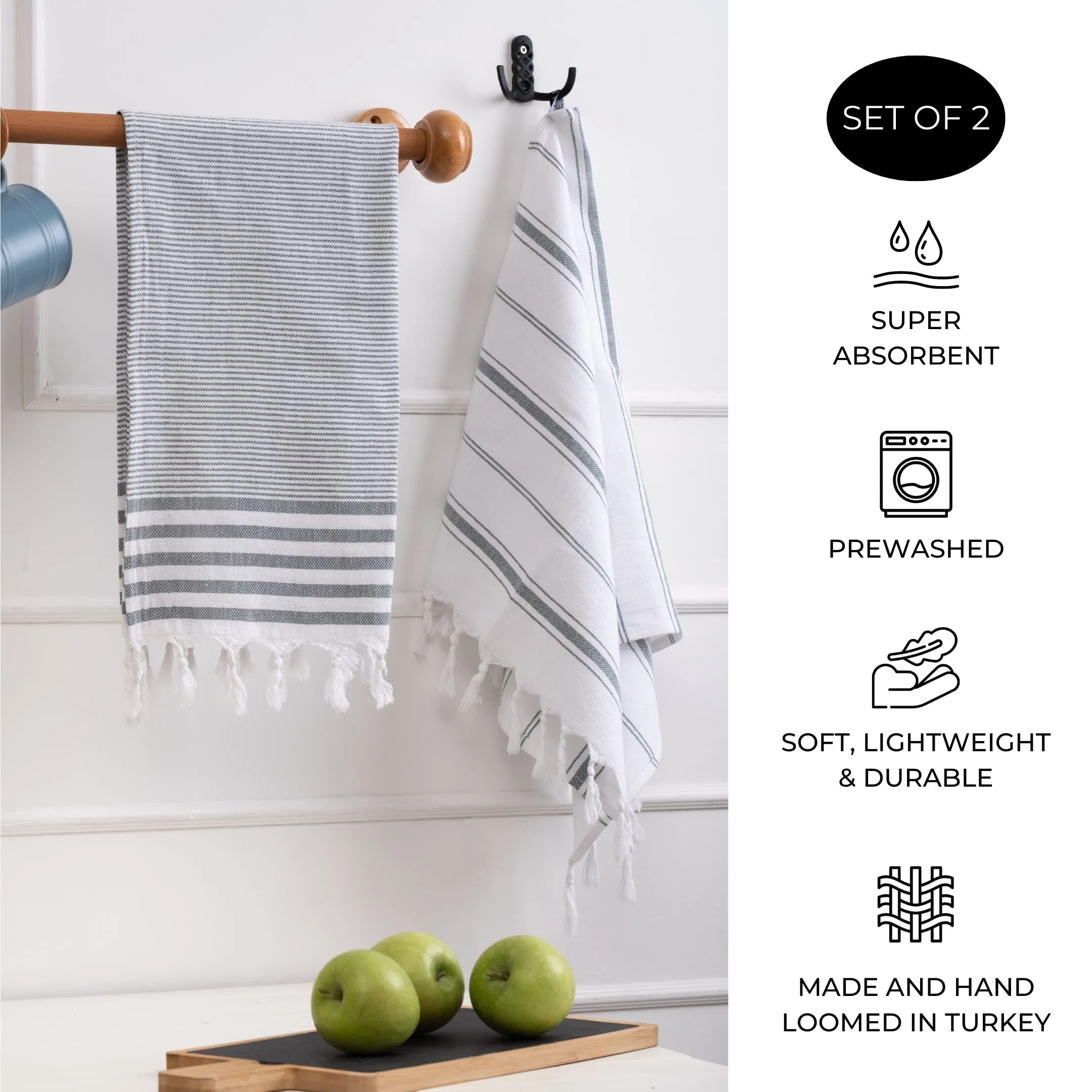 100% Natural Turkish Cotton Striped Cotton Kitchen Tea Towels with Tassels Ultra Soft Absorbent Prewashed Quick Dry Hand Towel