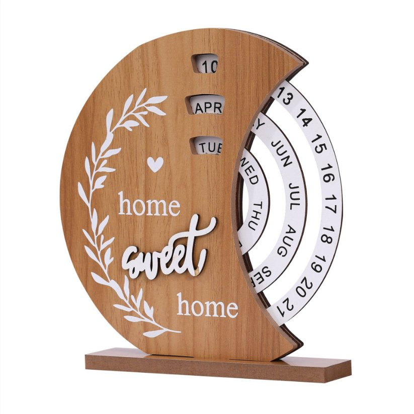 Creative Wooden Home Decor Office Desktop Decoration Manual Rotating Desk Calendar