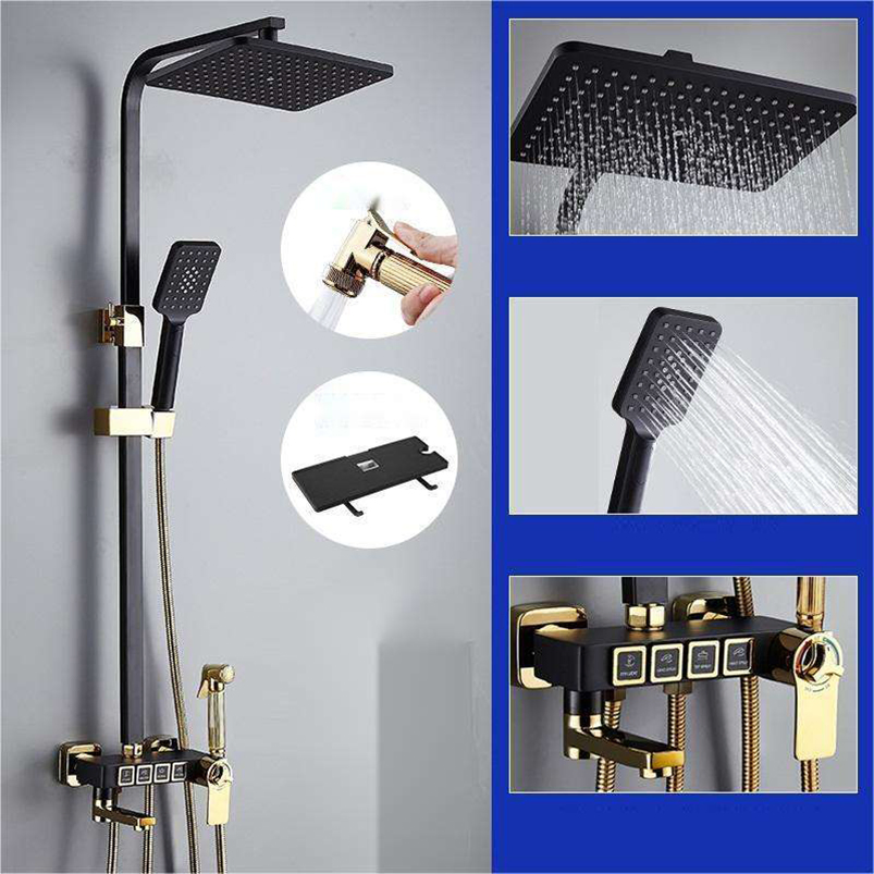 High Quality Black Gold Square Bathroom Shower System Bathtub Mixer Faucet: Thermostatic Shower Set, 304 Stainless Steel Material, Square Shower Head