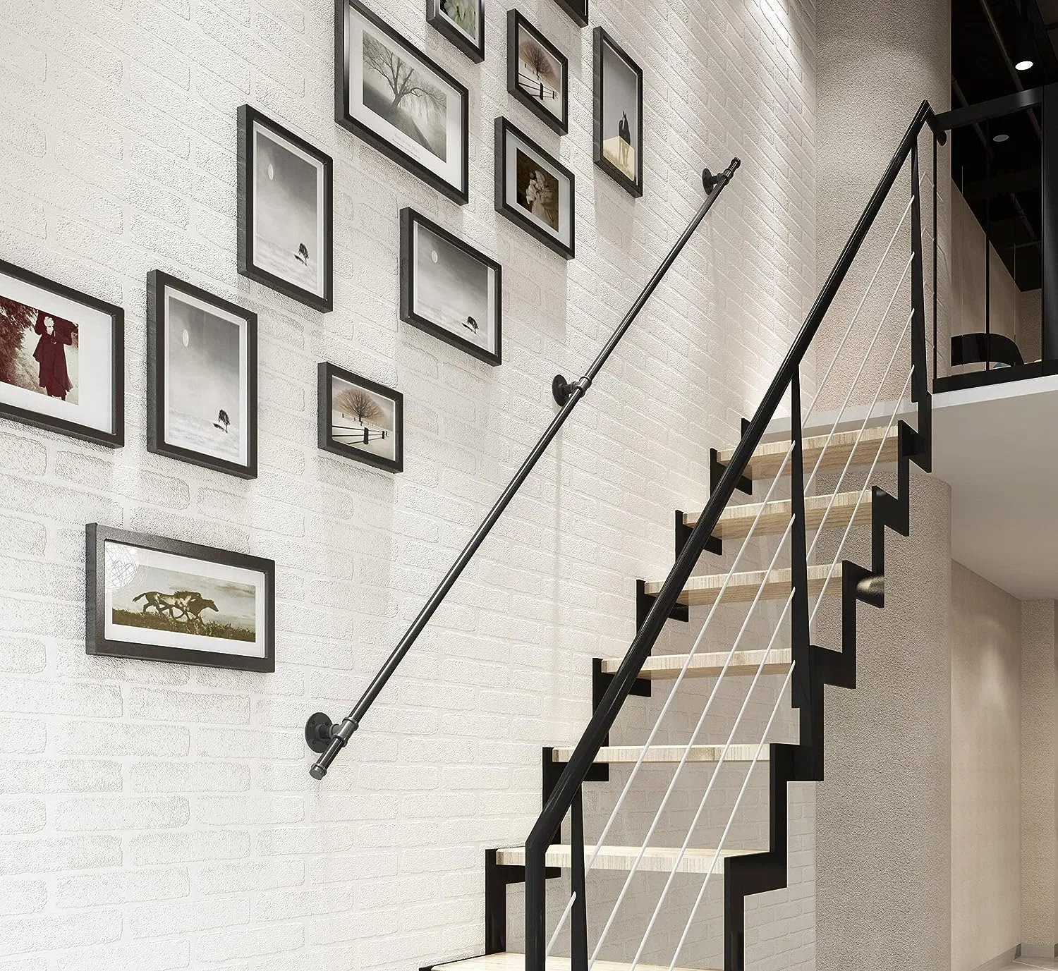 5FT 3 Wall Support Industrial Black Iron Loft Pipe Handrail for Stairs