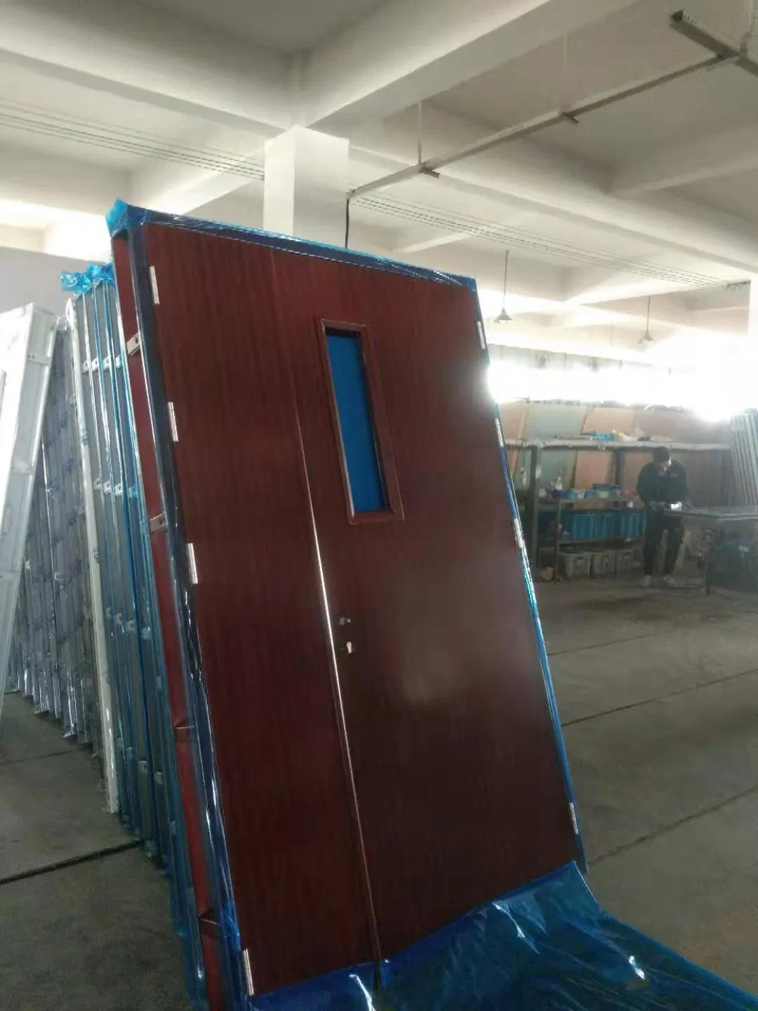 Modern Design Double Leaf Steel Fire Proof Door Exit Fire Rated Rock Wool Red Door with Glass