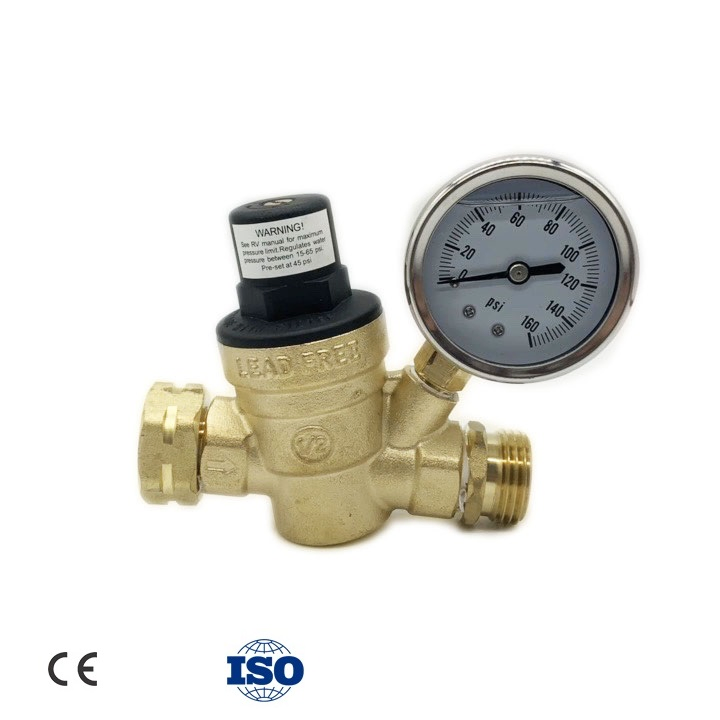 Hpwr26 3/4" Brass Lead-Free RV Water Pressure Regulator Valve, 3/4" Garden Hose Threads Water Pressure Reducer with Accessories