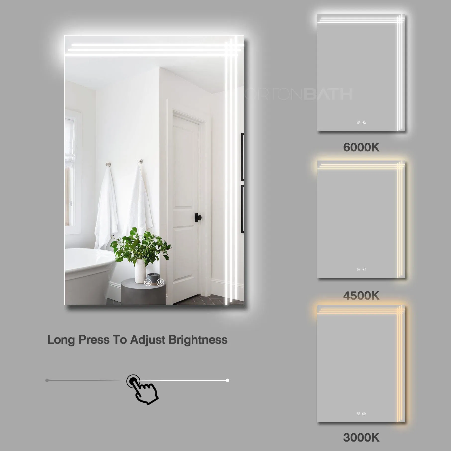 Ortonbath Anti-Fog Lighted Bathroom Mirror Vertical LED Bathroom Mirror with Lights, Dimmable Vanity Mirror, Wall Mounted Smart Mirror