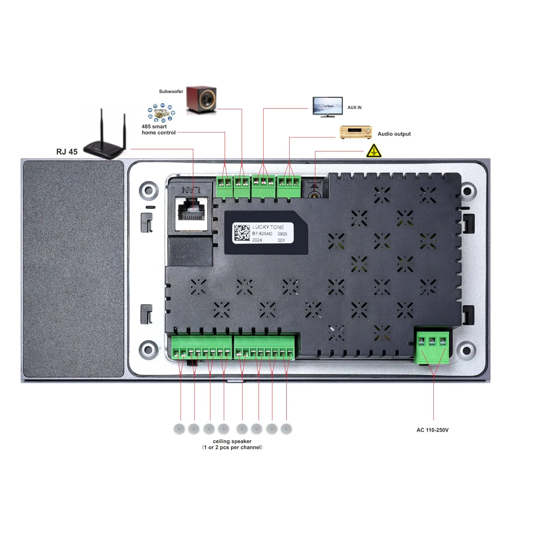 8 Channel 25W Blue Tooth 2 Zones Wall Amplifier with 7 Inch Touch Screen for Home Background Music