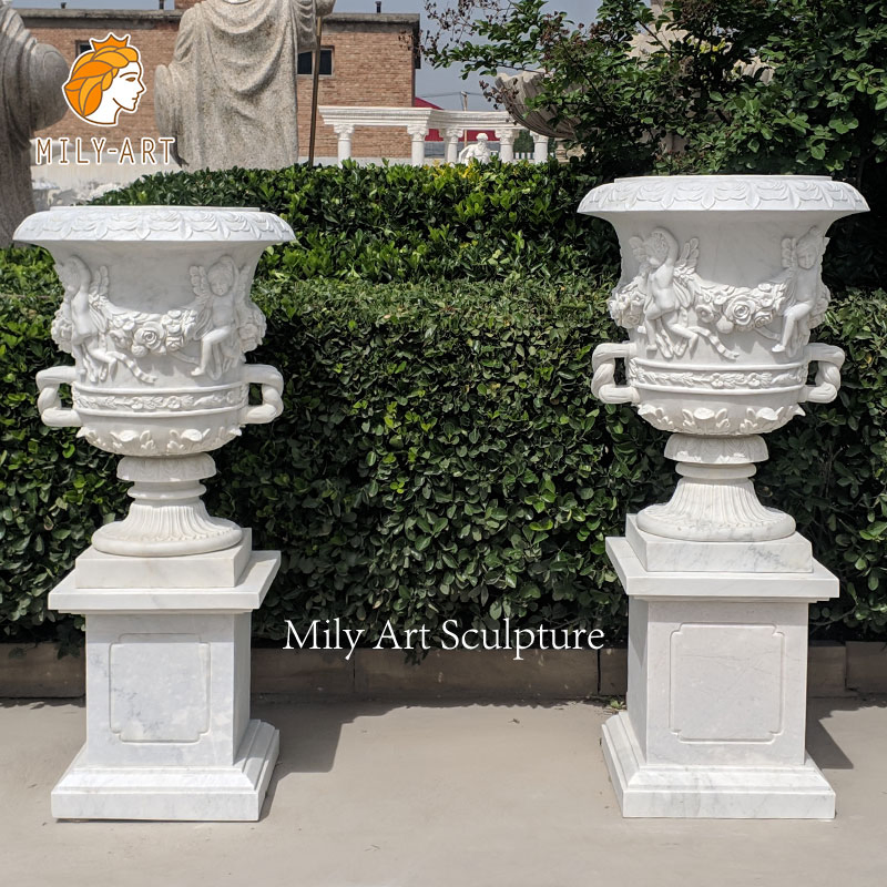 Detailed Carving Stone Planter Natural White Marble Flowerpot for Home