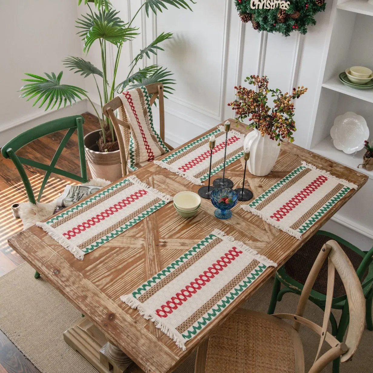 Xinlan Woven Jute Placemats Set Colorful Striped Table Mats with Tassels for Holiday Dining Boho Style Kitchen Decor
