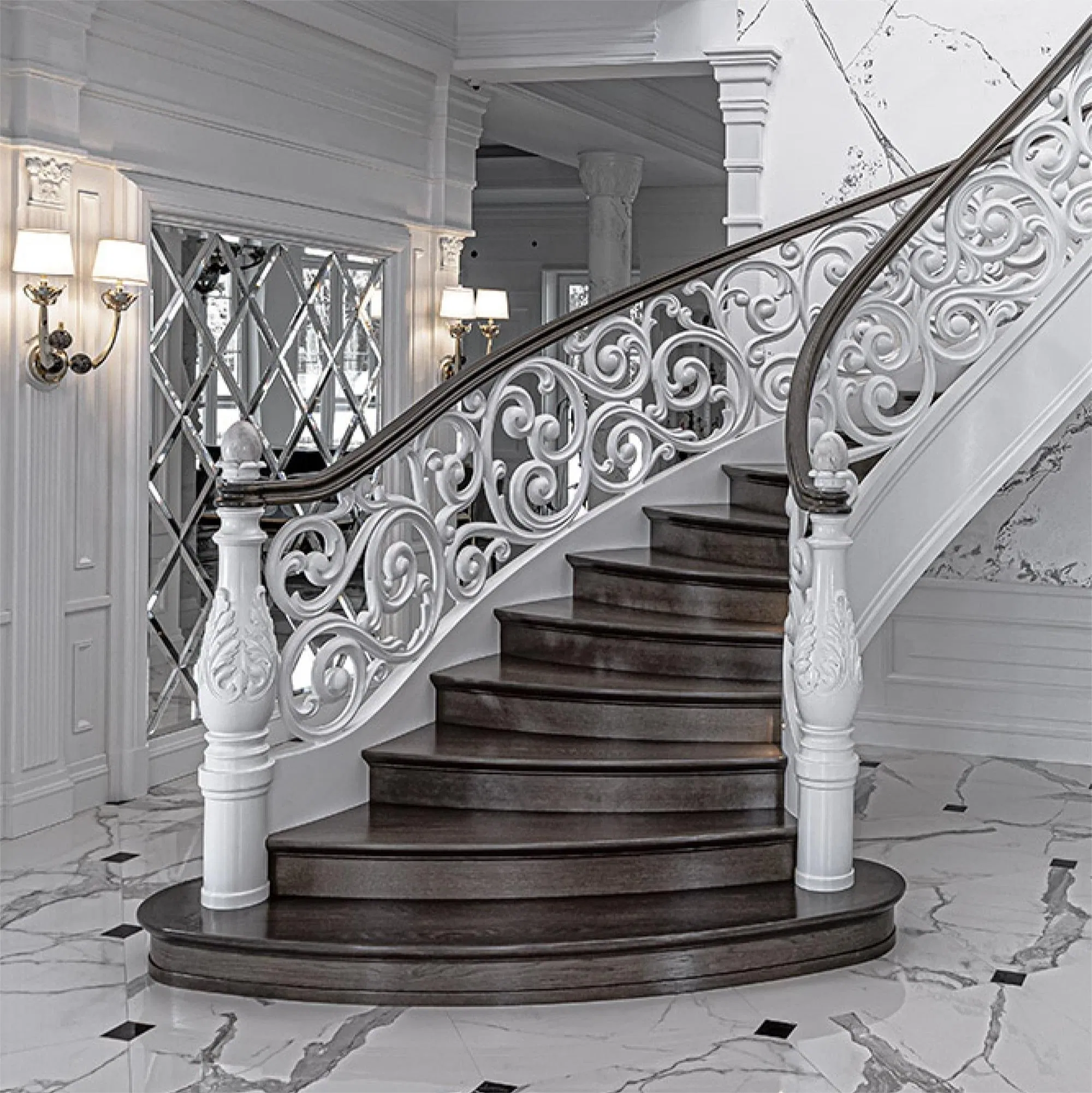 Premium Artistic Curved Stair with Hand-Forged Iron Railings Stainless Steel Wood Treads DIY Installation for Hotels