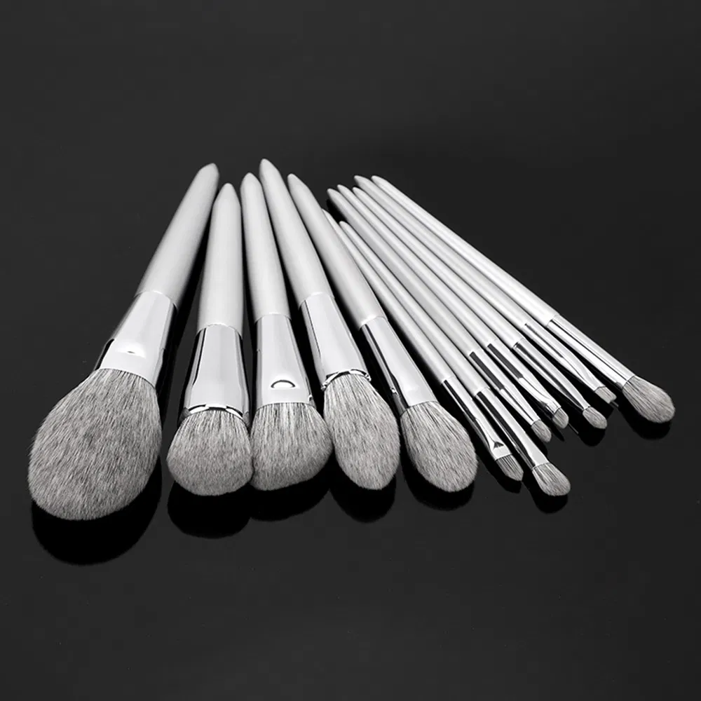14PCS Silver Color Handle Grey Synthenic Hair Makeup Brushes Set Private Label Foundation Set